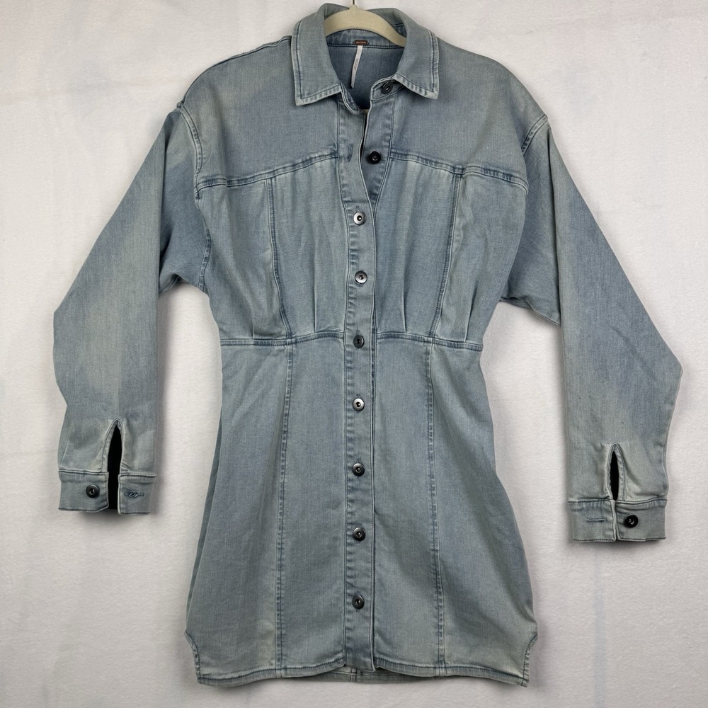 Free People Dress‎ Womens 4 Amber Light Blue Mini Button Up Denim Long Sleeve